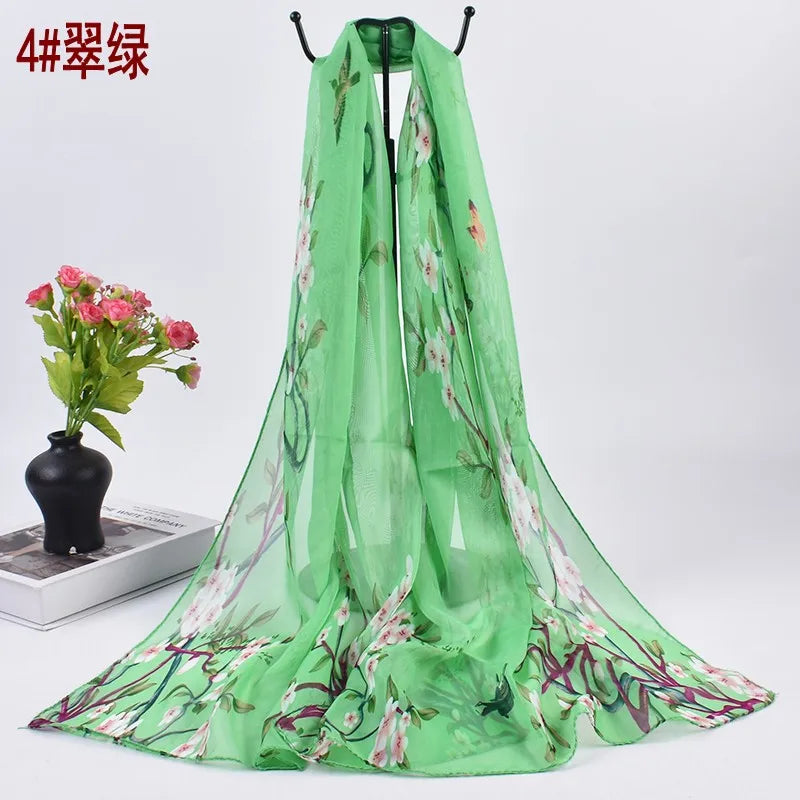 New Fresh Spring Peach Blossom Printed Chiffon Women's Long Scarves Wholesale Thin Sun Protection Women's Scarves