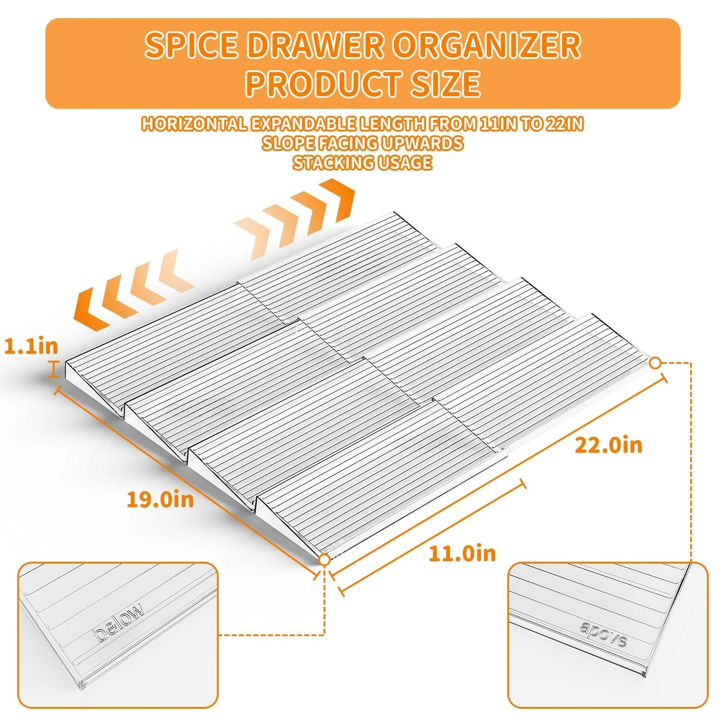 2pcs Expandable Spice Drawer Organizer, Plastic Kitchen Storage - Durable Space-Saving Organizer for Cabinets, Countertops