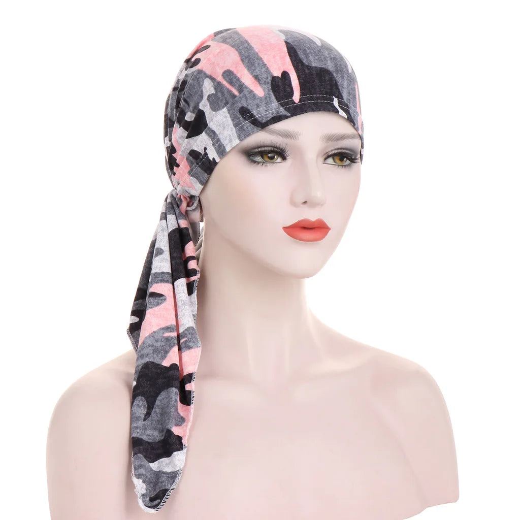 Trendy Print Women Muslim Hijab Caps Wrap Head Soft Elastic Long Tail Turban Bonnet Fashion Headdress Wearable