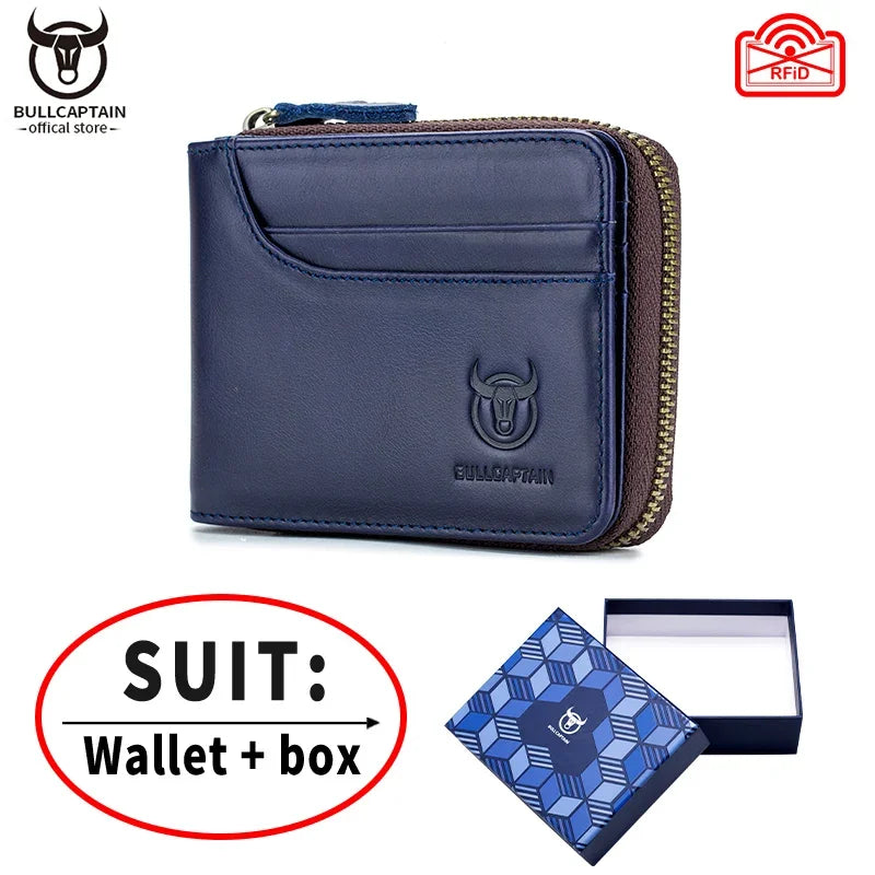 BULLCAPTAIN Men's Genuine Leather Wallet Business Casual Retro RFID Zipper Coin Purse Multi-Card Slot Cash Clip