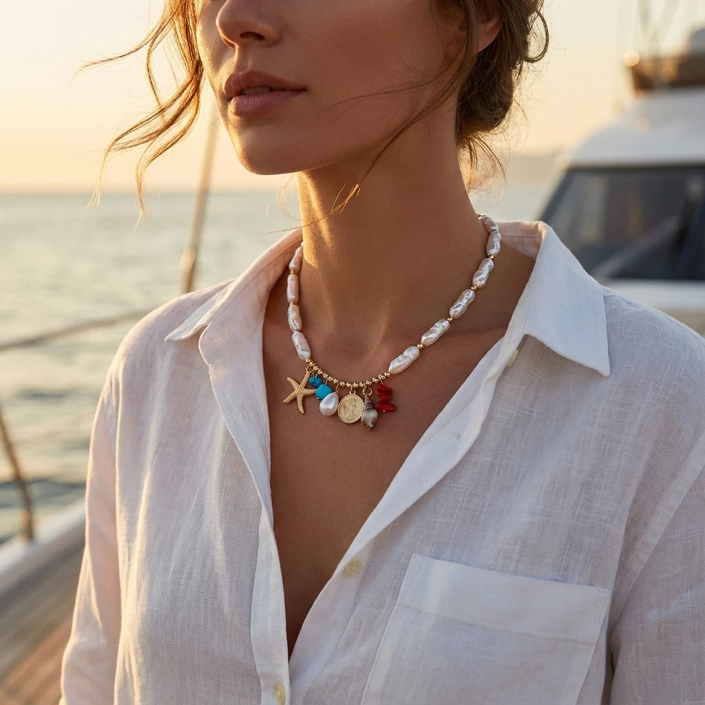 New Luxury Baroque Imitation Pearl Necklace for Women Gold Color Starfish Conch Pendant Choker Summer Beach Wedding Jewelry Gift