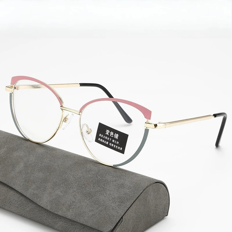 European and American glasses, metal cat eyes, color changing, anti blue light, fashionable and versatile trendy glasses