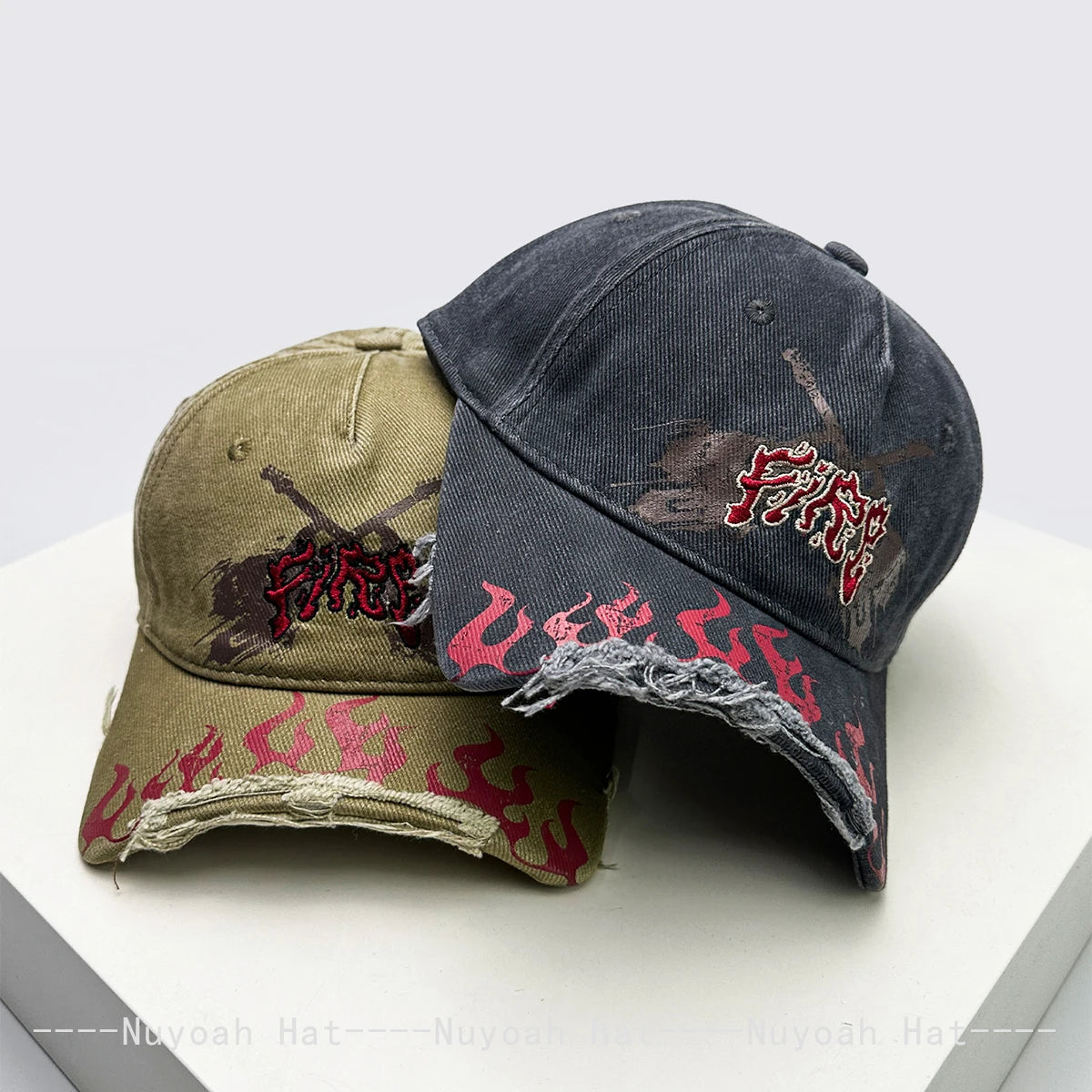 New Men Women Niche Street Embroidered Letters Flame Flag Baseball Hats Sunshade Broken Eave Versatile Peaked Caps Fashion Retro