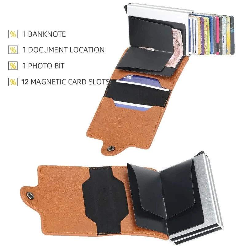 12 Card Slots Anti RFID 2X Aluminum Box Automatic PU Leather Wallet Card Holder