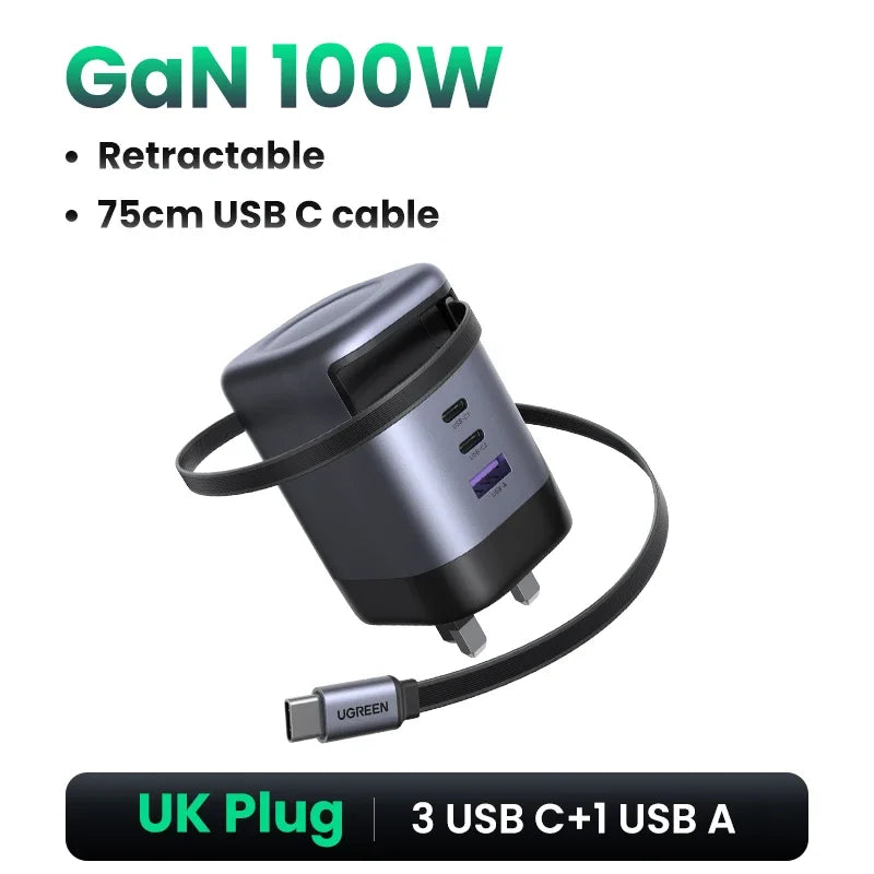 UGREEN 65W GaN Charger With Retractable USB C Cable For iPhone 17 16 Pro Samsung Xiaomi Laptop Macbook Tablet PD Fast Charger