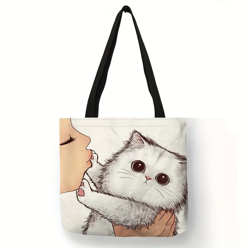 Cute Cartoon Cat Print Tote Bag, Large Shoulder Bag, Women's Casual Handbag