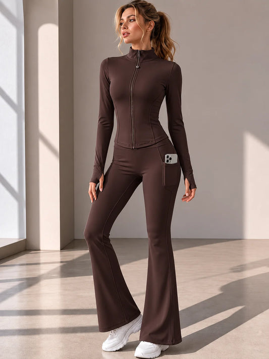 Polyester Spandex Women Yoga 2Pcs Suit Zip Slim Jacket High Waist Flare Pants Pocket Gym Workout Running Sportswear