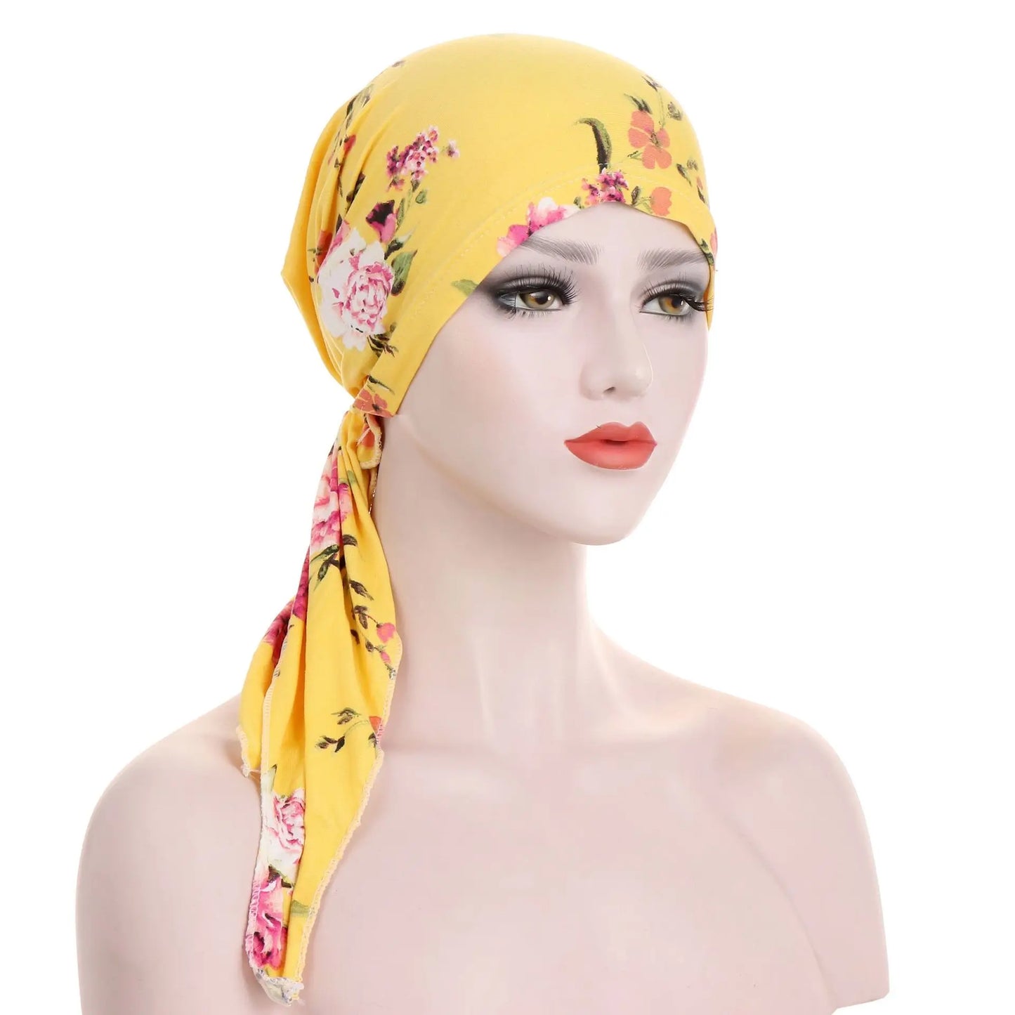 Trendy Print Women Muslim Hijab Caps Wrap Head Soft Elastic Long Tail Turban Bonnet Fashion Headdress Wearable