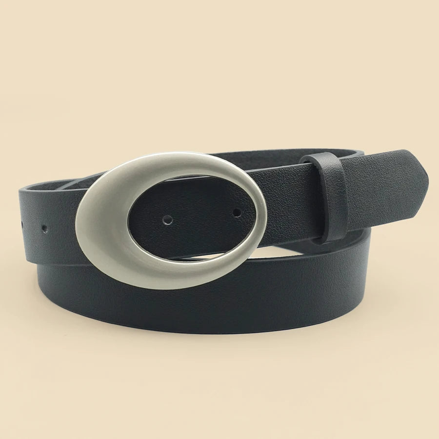 Black Casual Women's Belt, Oval Hollow Matte Buckle, Retro Pu Leather Fashionable Belt, Dress, Jeans, Shirt Accessories