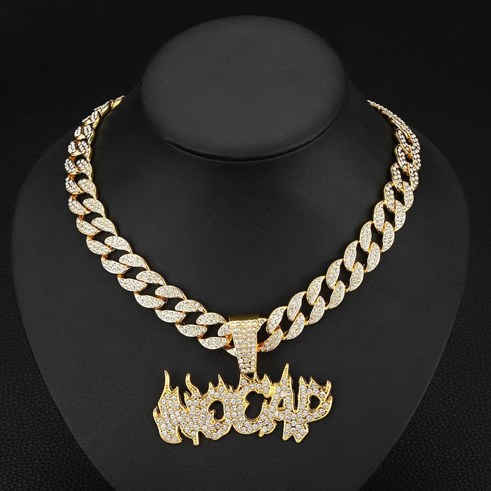 Trendy Hip Hop Iced Out Bling Flame ‘No Cap’ Letters Pendants Necklace With 15mm Cuban Chain Necklaces For Men Charm Jewelry