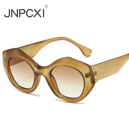 JNPCXI New Polygon Cat Eye Sunglasses Men Gradient Shades UV400 Vintage Matte Tea Women Sun Glasses