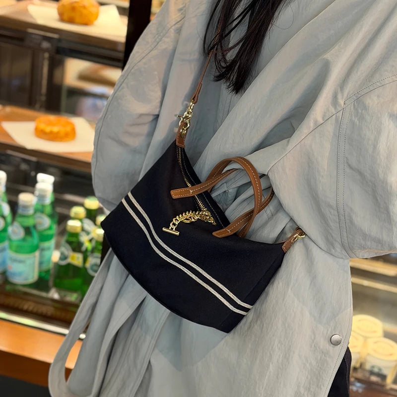 Denim & Genuine Cowhide Leather Mini Dome Bag for Women Luxury Designer Top Handle Crossbody Shoulder Bag with Gold Chain Detail