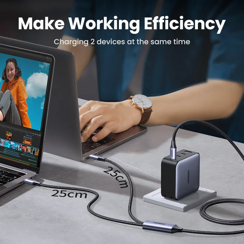 100W 2 In 1 USB C to USB C PD Fast Charging iPhone 15 Pro Galaxy S24 Laptop 5A