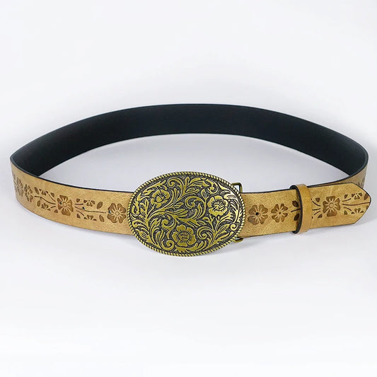 Coffee Colored Floral Women's Belt, Retro College Style Belt, Retro Printed Belt, Classic Decorative Belt