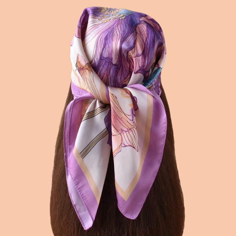 1pc Sweet Large Flower Print Silk Satin Square Scarf Women's Hair Accessory Spring New Style Versatile Belt Bag Decoration Heads