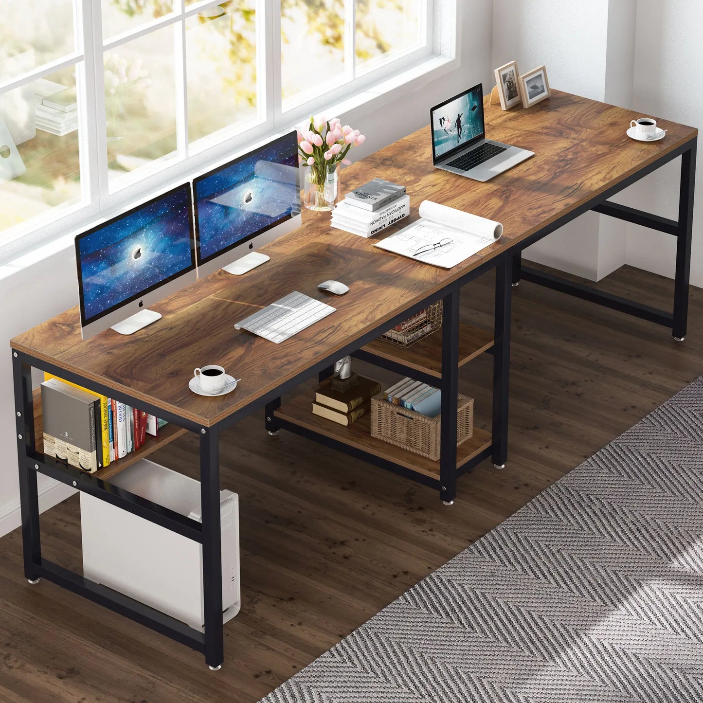 Tribesign Two Person Desk with Bookshelf, 78.7 Computer Office Double Work Desk