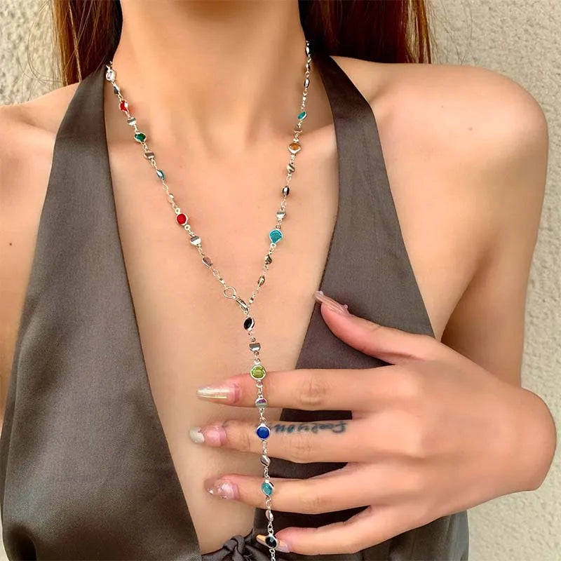Bohemian Colorful Crystal Long Y-Shaped Necklace Women Fashion Gold Color Collar Chain Beach Party Jewelry Vacation Accessories