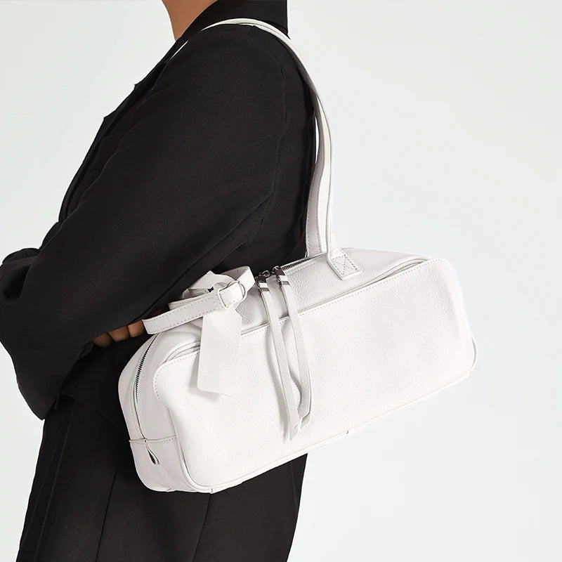 Genuine Leather Tote Bag for Women Large Capacity Cowhide Shoulder Bag Luxury Designer Handbag Female Bowling Underarm Bag