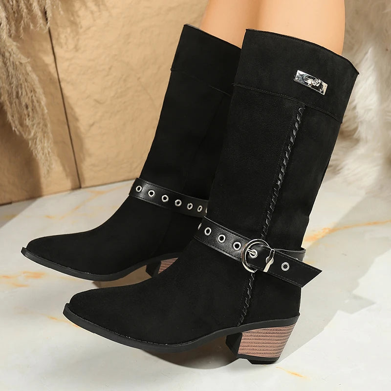 Belt Buckle Thick Heels Western Boots Women Retro Slip On Pointed Toe Knee High Boots Woman Plus Size Knight Long Botas Mujer