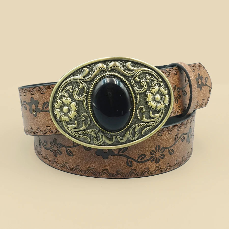 Retro Court Style Black Turquoise Inlaid Women's Belt, Western Denim Style, Niche Women's Belt, Carved Black Gemstone Belt
