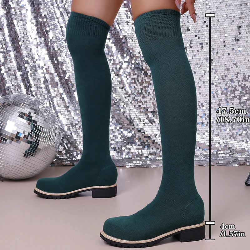 Thick Heel Over The Knee Sock Boots Women Plus Size 35-43 Elastic Knitting Long Boots Woman Comfort Slip On Platform Sock Shoes