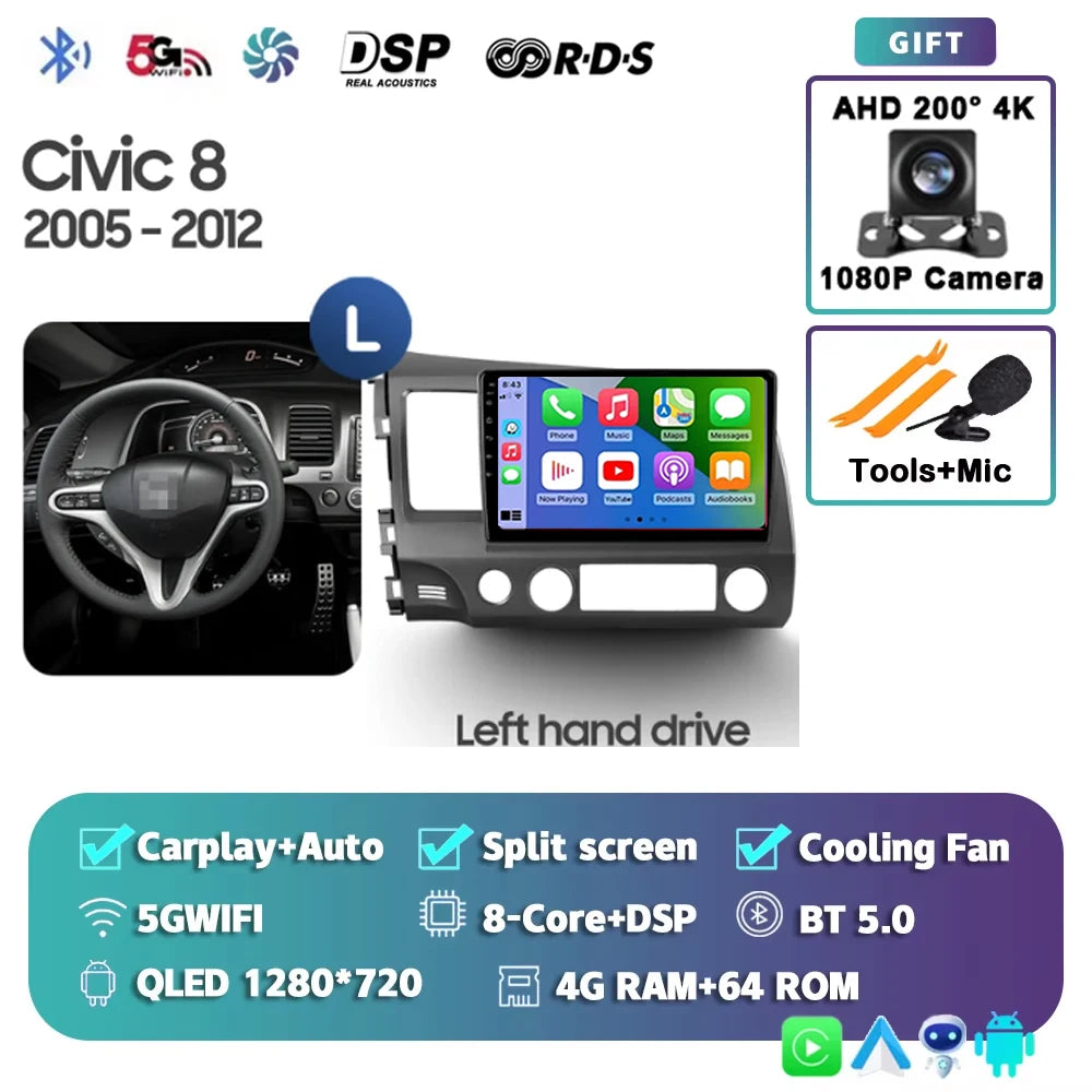 For Honda Civic 8 2005 - 2012 Android 15 Carplay Auto 4G WIFI Car Radio Multimedia Stereo Video Player GPS Navigation Plug and P