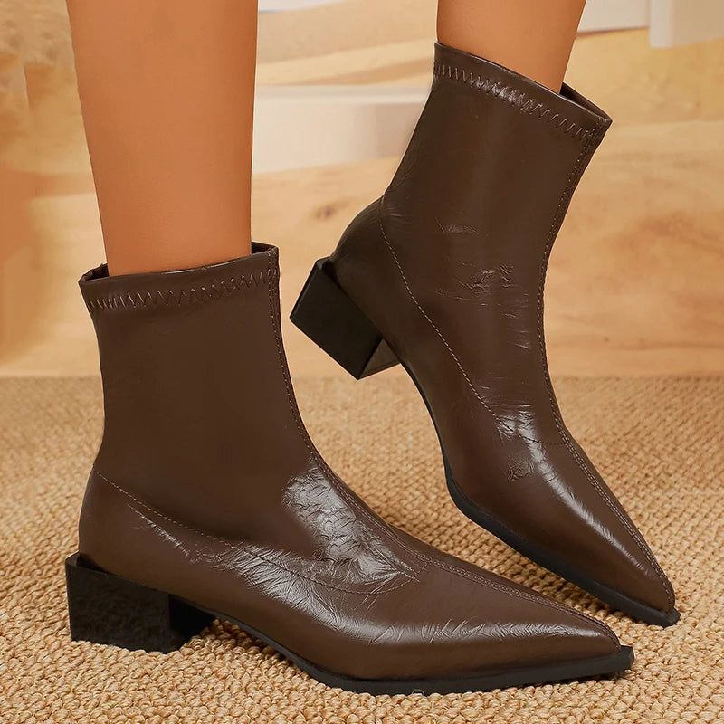 British Style Pointed Toe Ankle Boots for Women Fashion Thick Heels Pu Leather Boots Woman 2025 Slip On Short Booties Mujer
