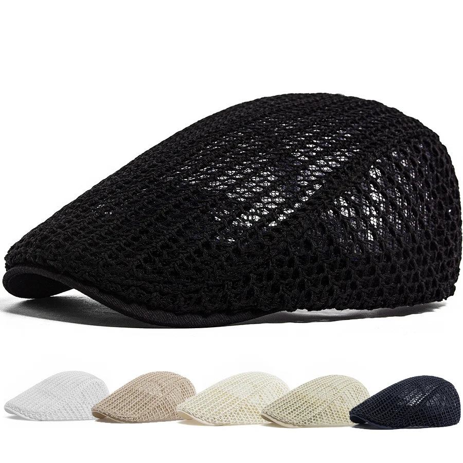 Summer Thin Crochet Hat Women Fashion Mesh Beret Casual Men Newsboy Cap Weave Sun Visor Flat Hat Female For 56-60cm Adjustable