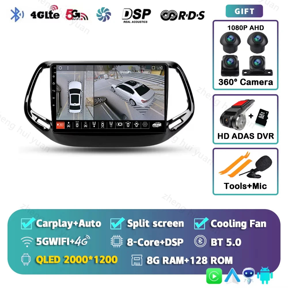 2K QLED For Jeep Compass 2 MP 2016 - 2018 Android 15 CarPlay Auto Car Radio Multimedia Video Player GPS stereo Head Unit 4G WIFI