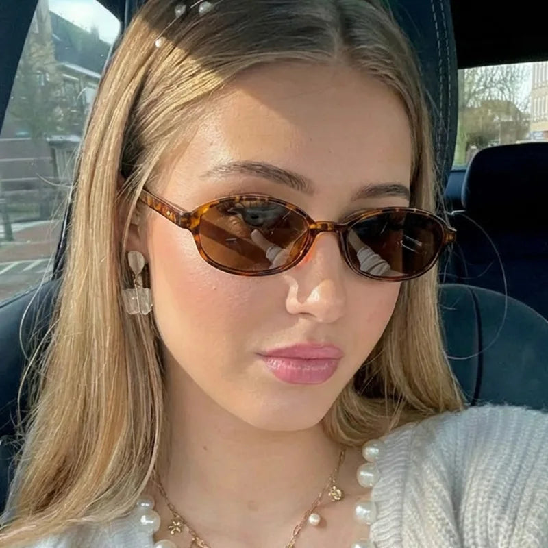 JNPCXI New Small Oval Sunglasses Women Fashion Leopard Shades UV400 Retro Rivets Men Punk Sun Glasses