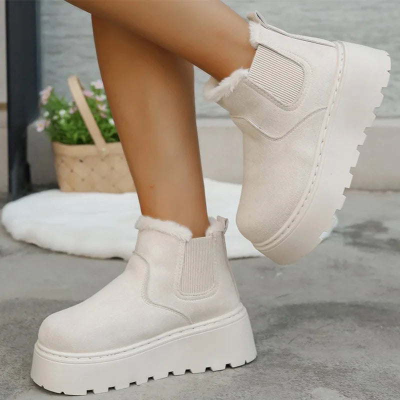 British Style Solid Color Platform Snow Boots Women Winter Soft Short Plush Warm Ankle Boots Woman Faux Suede Booties Female