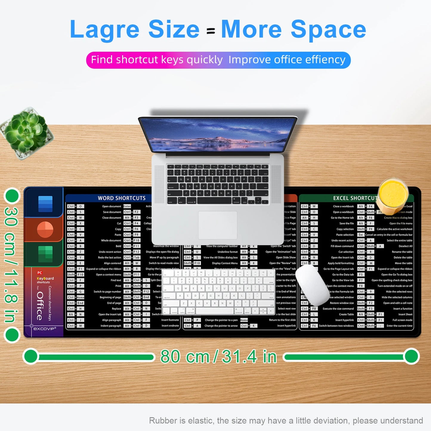 EXCO Excel Shortcuts Mouse Pad Large Extended Desk Mat Non-Slip Rubber Base Big Keyboard Mousepad Stitched Edge Office Gaming