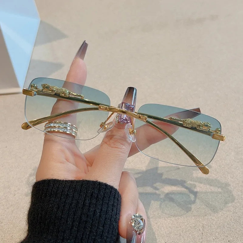Korean Retro Square Rimless Sunglasses Seaside Cheetah Decoration Frameless Gradient Lens Eyeglasse Outdoor UV Protective Shades