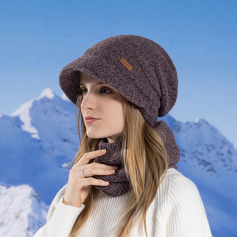 Xinbaoguan 100% Acrylic 8416 Winter Warm and Fleece Cold Protection Set for Women with brimmed Ear Protection Knitted Wool Hat