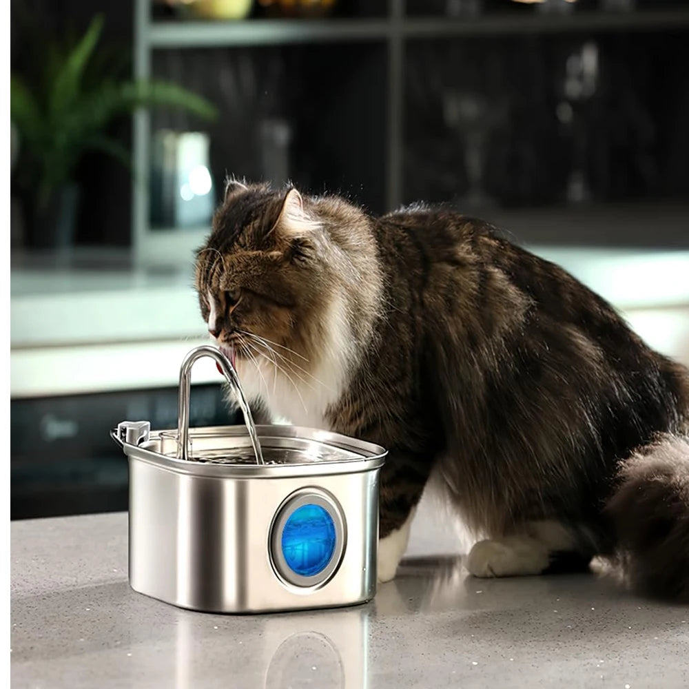 2.2L Automatic Cat Water Fountain Square Stainless Steel Pet Water Feeder Tools