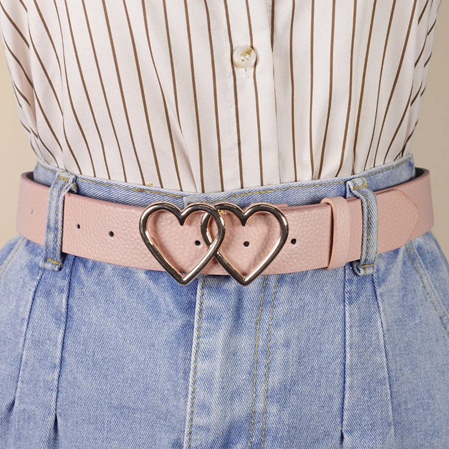 Y2K Millennium Trendy Pink & White Pu Versatile Belt, Dual Heart-Shaped Metal Buckle, Fits Jeans/Skirts/Casual Pants