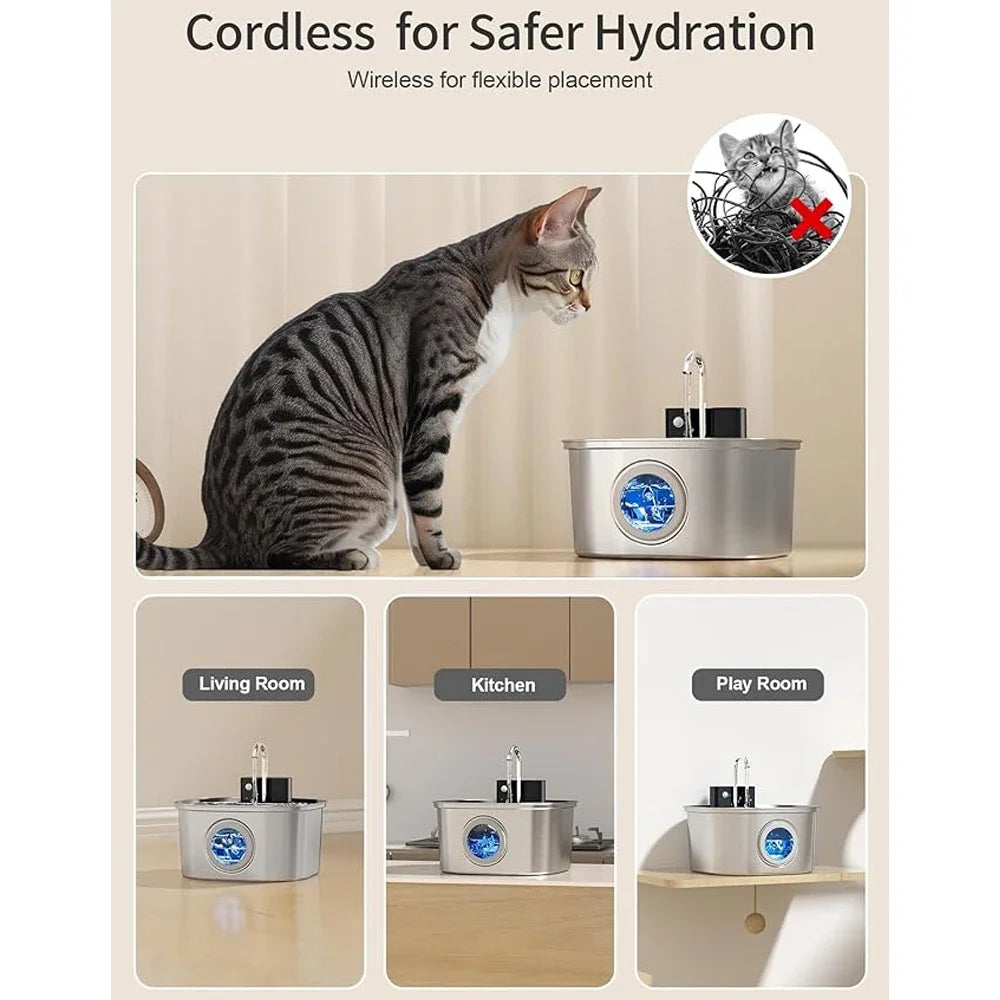 3.2L Stainless Steel Pet Water Feeder,4000mAh Battery Wireless Auto Cat Fountain