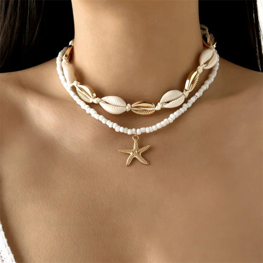 Double Layered Starfish Shell Rice Bead Necklace Women Trendy Summer Beach Sexy Choker Neck Chain Jewelry Vacation Accessories