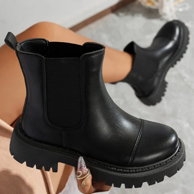 British Black Round Toe Ankle Boots for Women Autumn Winter Fashion Pu Leather Boots Woman Non-Slip Thick Platform Shoes Female