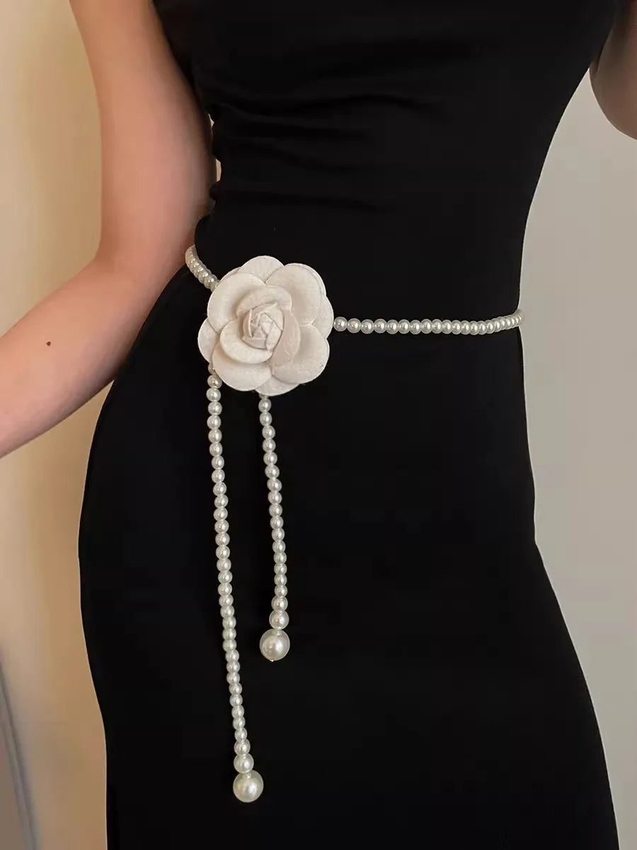 Camellia Pearl Waist Chain For Women Versatile With Skirts Sweet Decoration Thin Waist Belt To Cinch And Slim The Waist