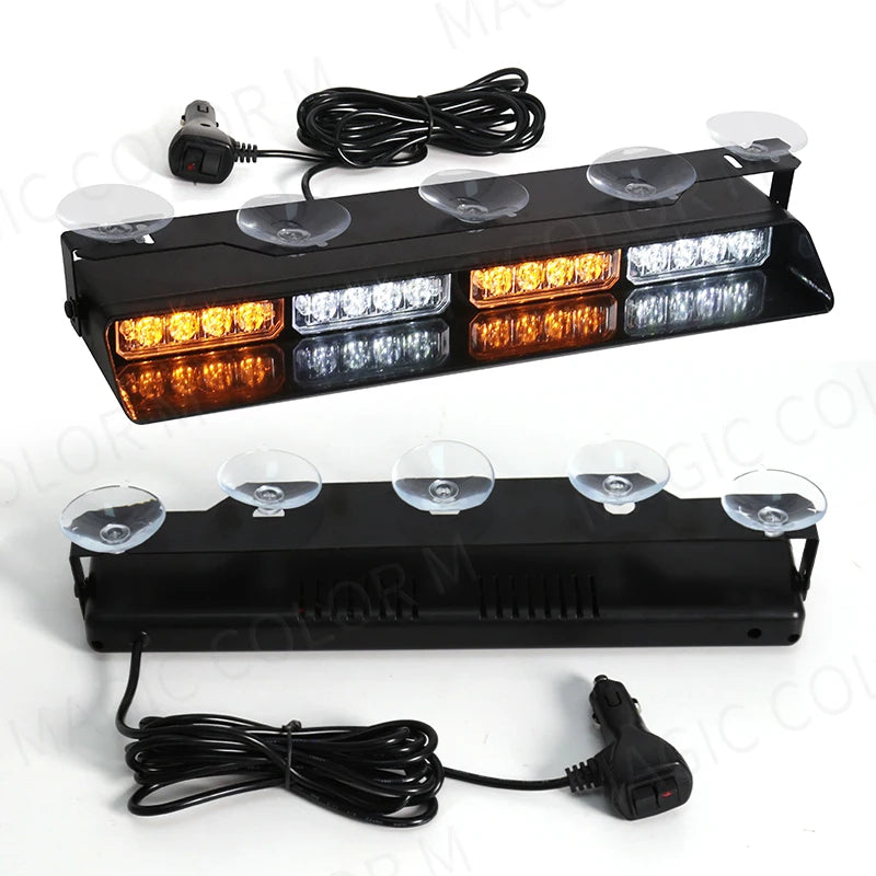 16 LED Car Strobe Light For Emergency Flash Warning Lamp Windshield Bar Red Blue Amber White Waterproof Auto Light Assembly 12V