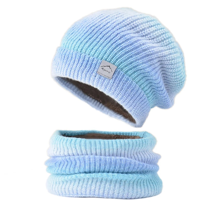 Xinbaoguan 60% acrylic 9859 Korean version gradient color thickened warm ear protection and cold proof knitted hat two-piece set