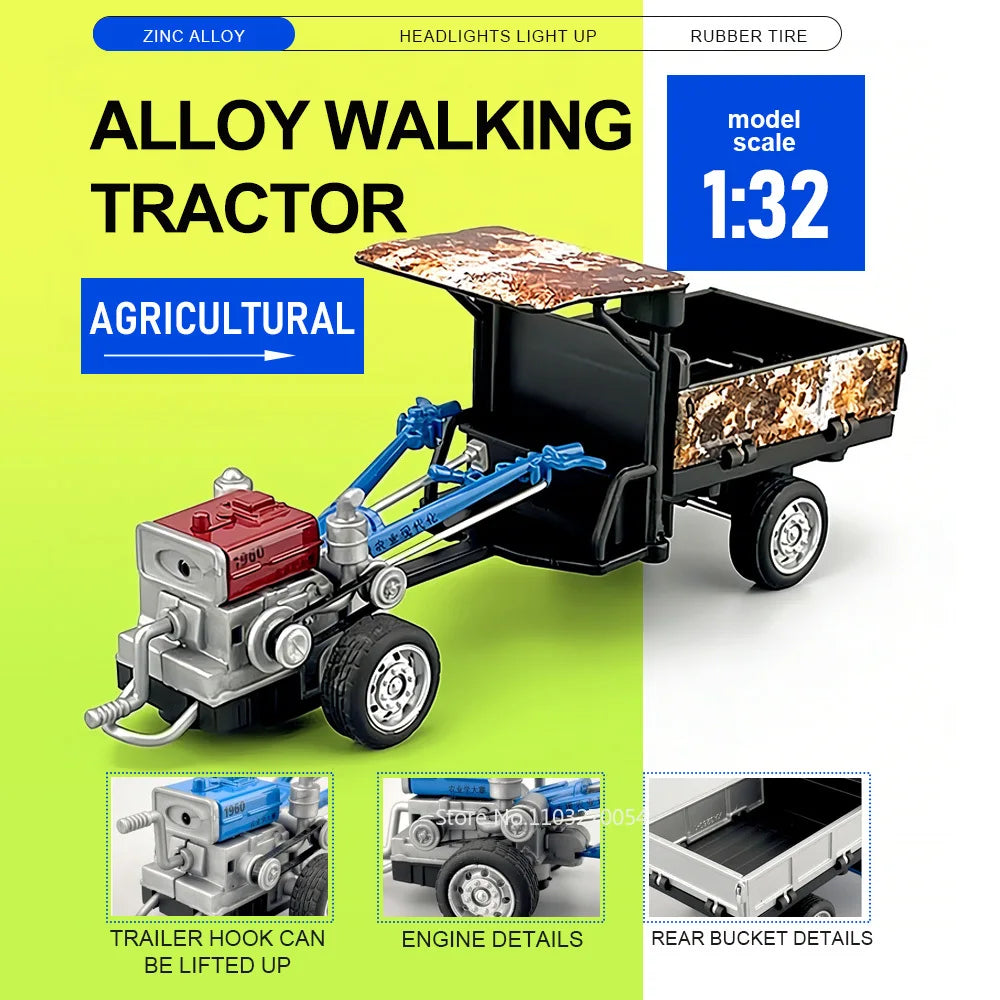 1:32 Agricultural Walking Tractor Diecast Car Alloy Model Toys with Sound Light Front Steering Rubber Tire Vehcie Children Gifts