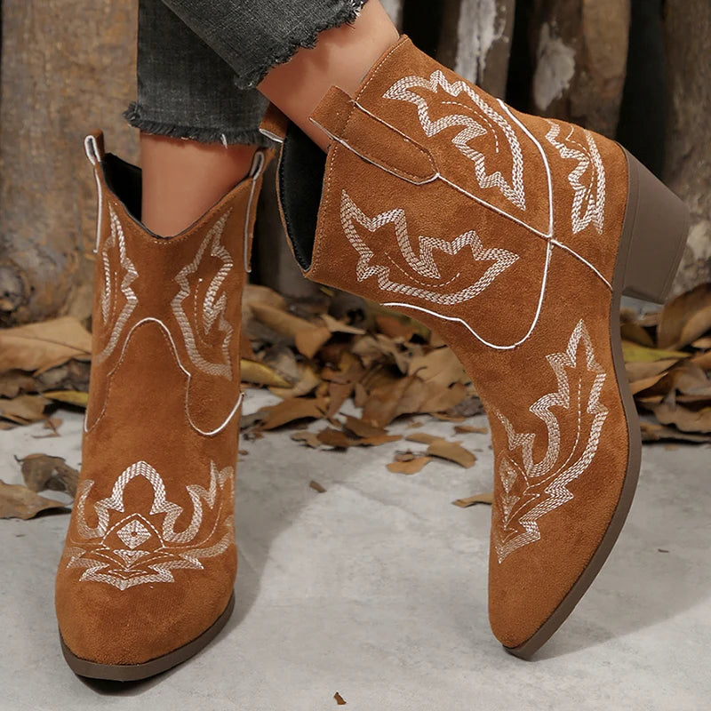 Vintage Embroidery Pattern Boots Women 2025 Square Heel Pointed Toe Ankle Boots Woman Comfortable Faux Suede Booties Mujer