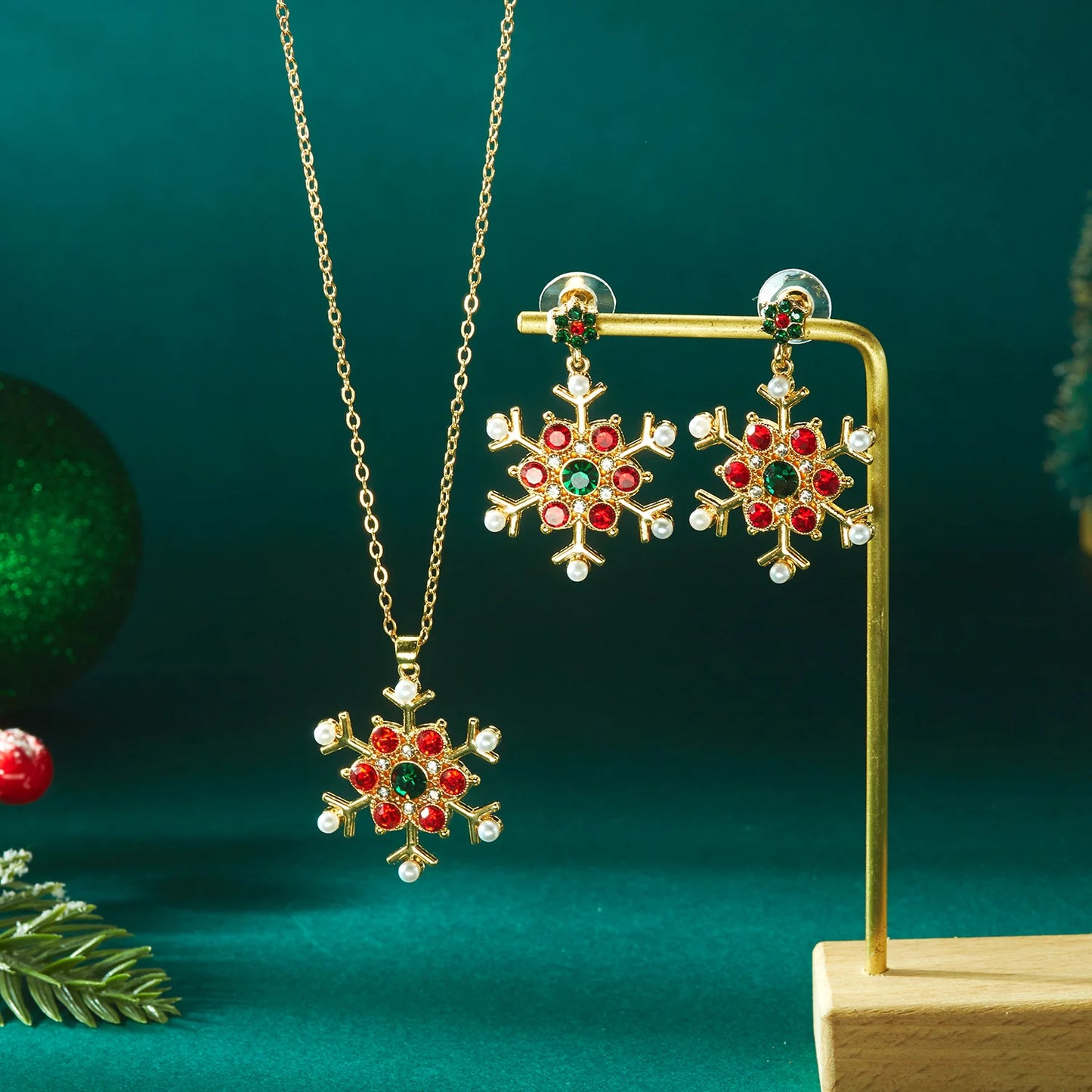 Christmas Colorful Rhinestone Imitation Pearl Snowflake Necklace Earrings Set For Women 2026 Xmas Jewelry Set Holiday Party Gift