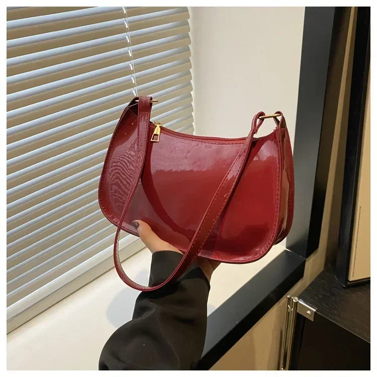 Women's Red 2 Patent Leather Versatile Shoulder Casual Bag Zipper Handbags