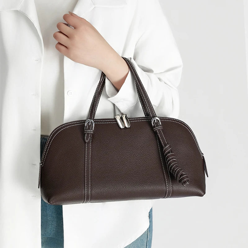 Fashion Women Cowhide Genuine Leather Solid Color Tote Bag Large Capacity Shoulder Bag Trendy Versatile All-match Commuting Bag
