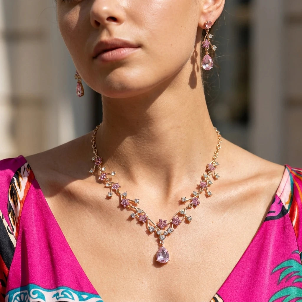 Elegant Pink Floral Rhinestone Jewelry Set for Women Gold Tone Teardrop Pendant Necklace Drop Earrings Bridal Prom Accessories