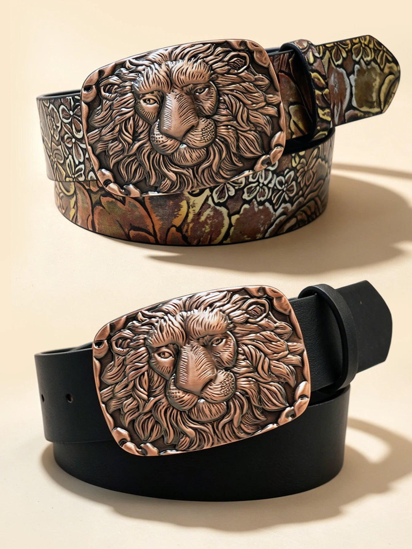 Vintage Lion Head Engraved Belt, Antique Bronze Buckle Men's Floral Embossed Cowboy Waistband