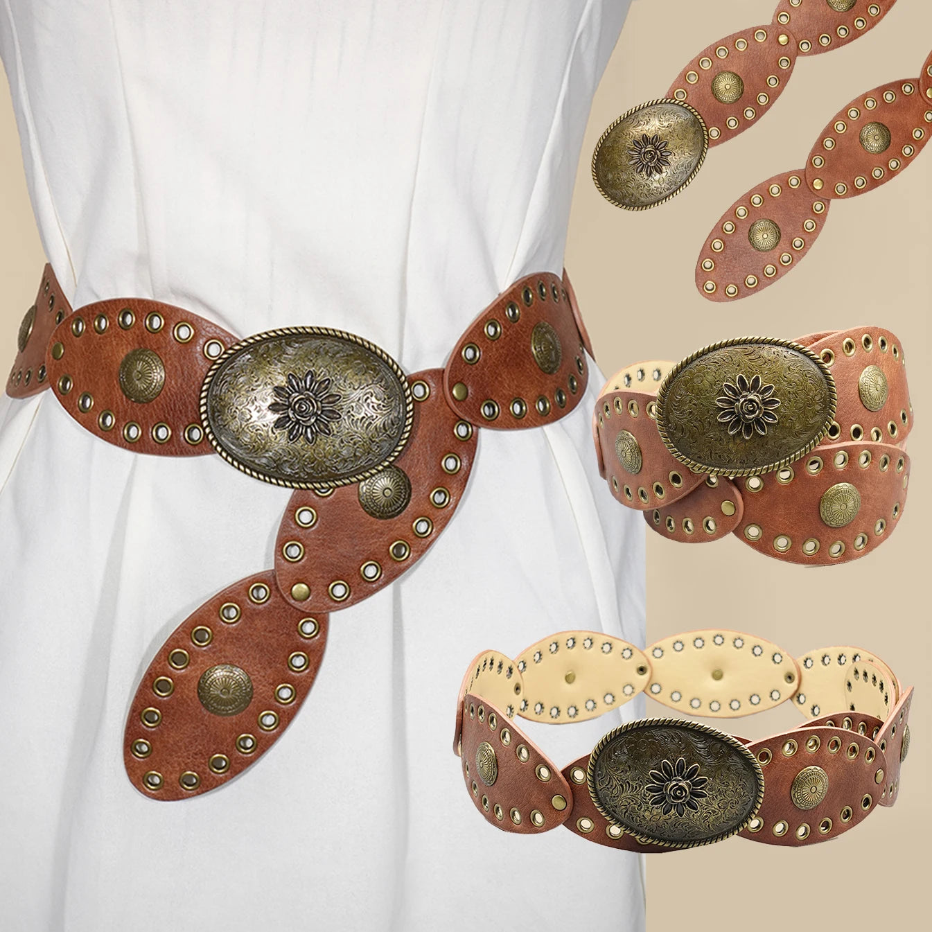 Punk Style Vintage Belt - Round Studded Design with Antique Brass Eyelets, Versatile Waistband for Daily Wear & Urban Styling